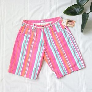 90's American Legends pink, orange and blue striped high waisted denim shorts